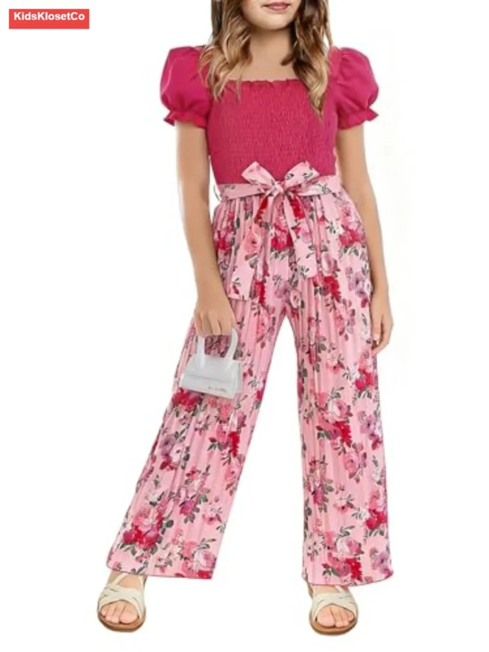 Girls Puff Sleeve Belted Wide Leg Jumpsuit Romper Floral Smocked